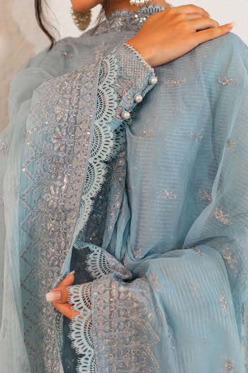Embroidered Shirt Shalwar Dupatta - Ice Blue - Cotton Suit