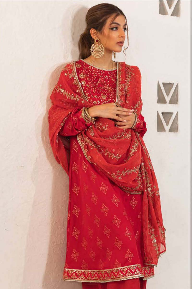 Embroidered Shirt Shalwar Dupatta - Carmine Red - Jacquard Suit